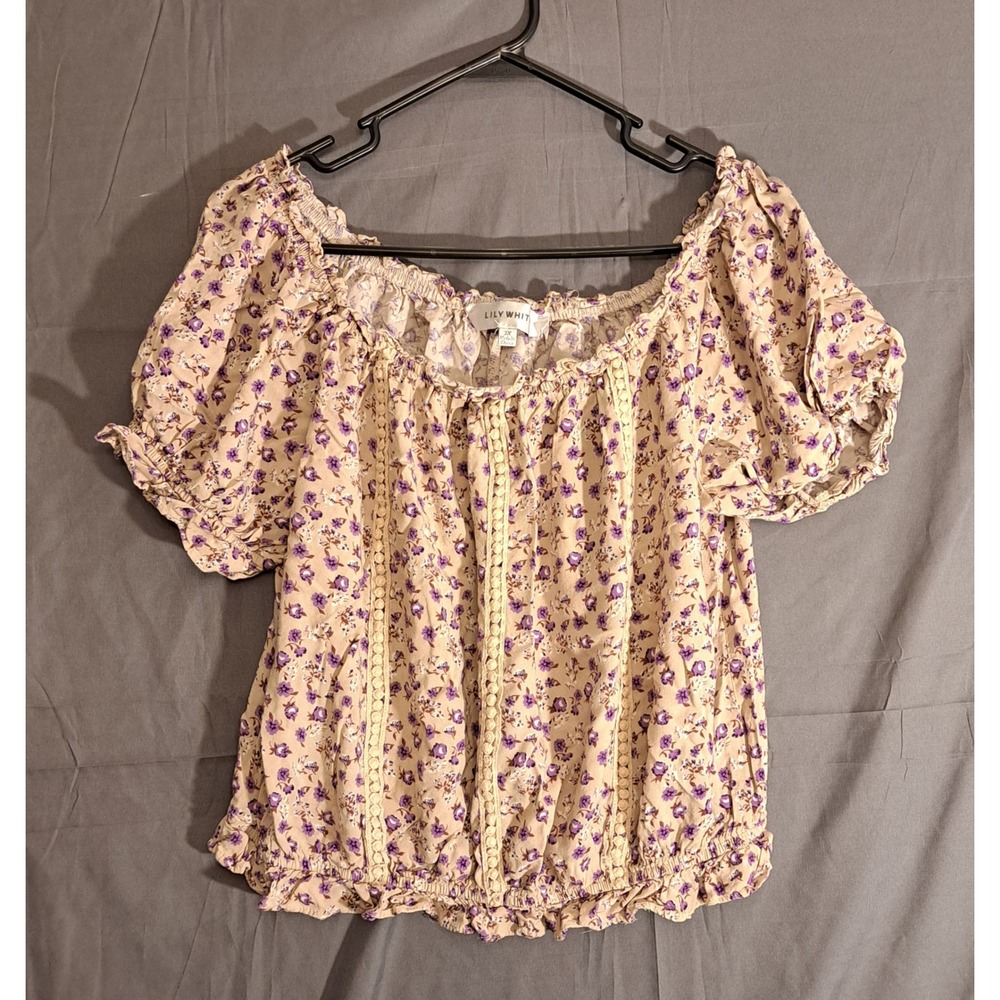 Lily White Puff Sleeve Crop‎ Top Boho Shirt Women's Size 3X Tan Purple